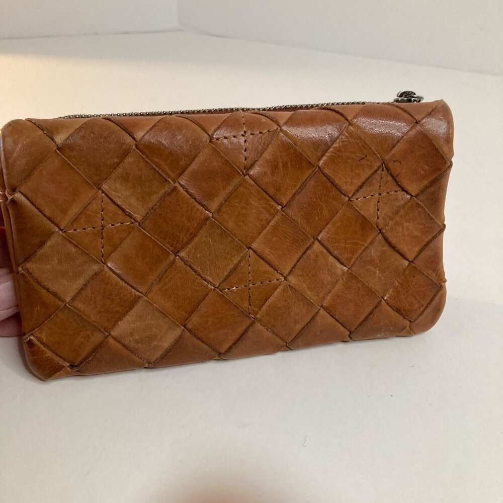 Womens Anthropologie Vilenca Leather‎ Basket Weave Wallet Brown 4 x 7"